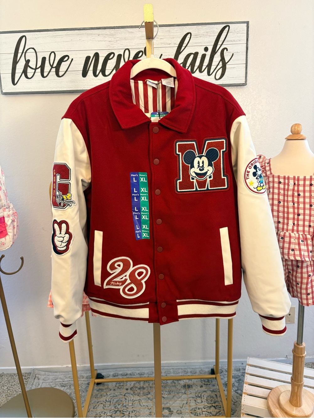 Disney Red and White Mickey Letterman Jacket Men’s Large Women’s XL